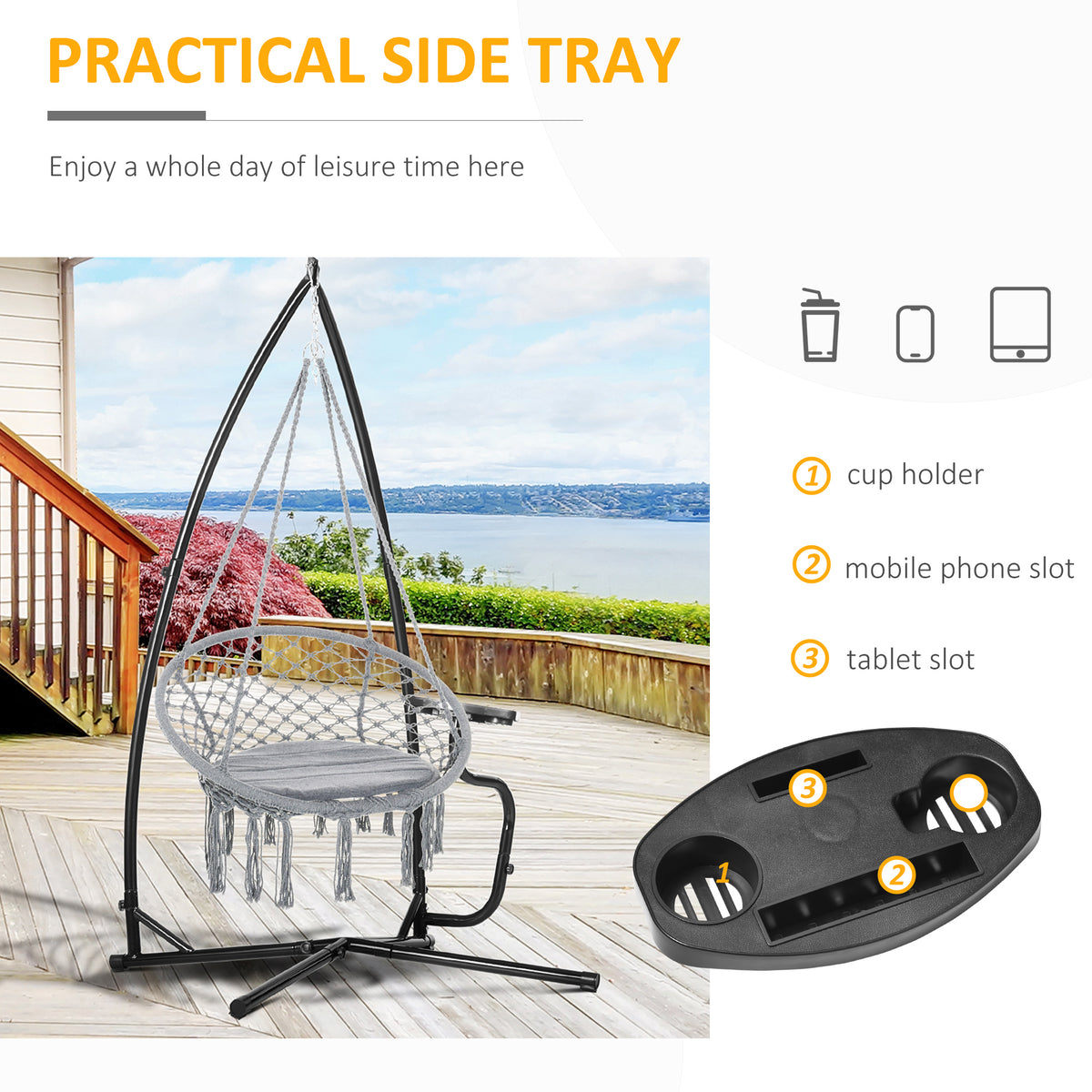 Hammock chair stand with side tray featuring cup holder, phone slot, and tablet slot