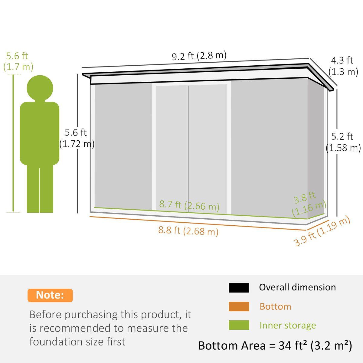 Outsunny metal garden shed with labeled exterior and interior dimensions