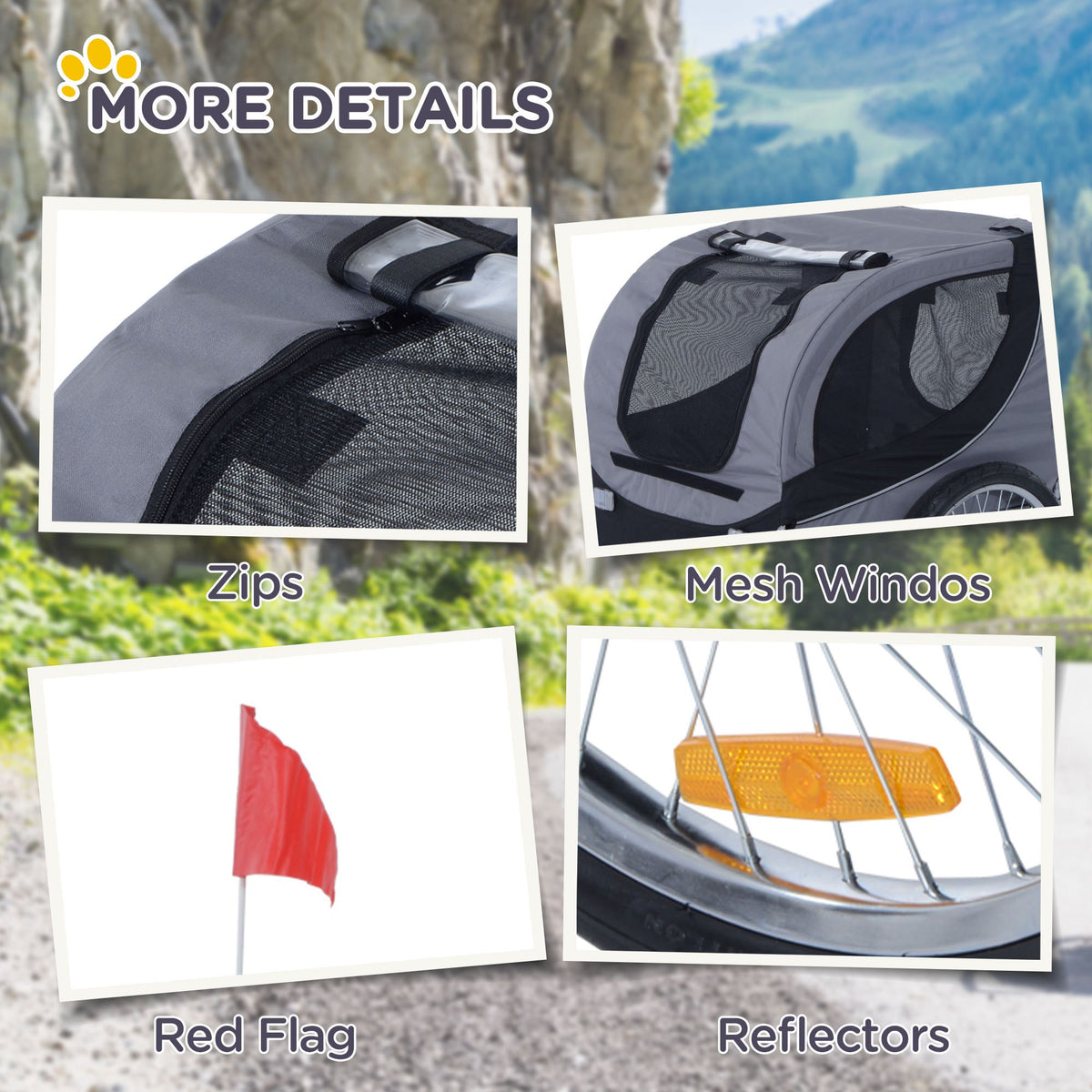 PawHut dog bike trailer details: zippered mesh windows, red safety flag and wheel reflectors