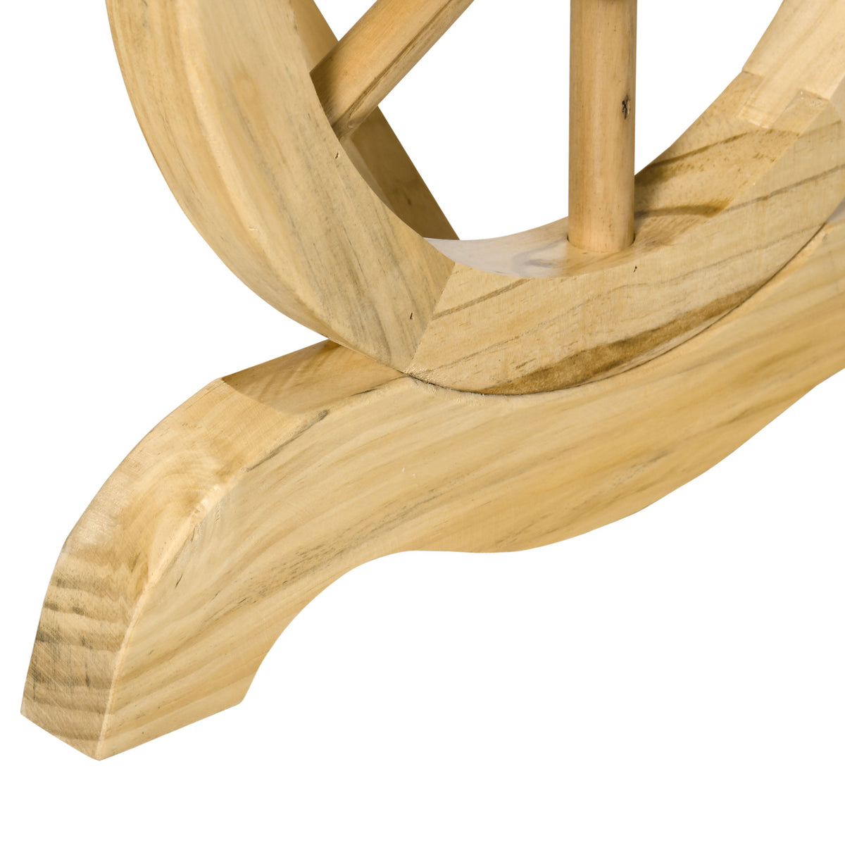 Outsunny wooden garden bench, close-up of curved wheel-shaped leg and base