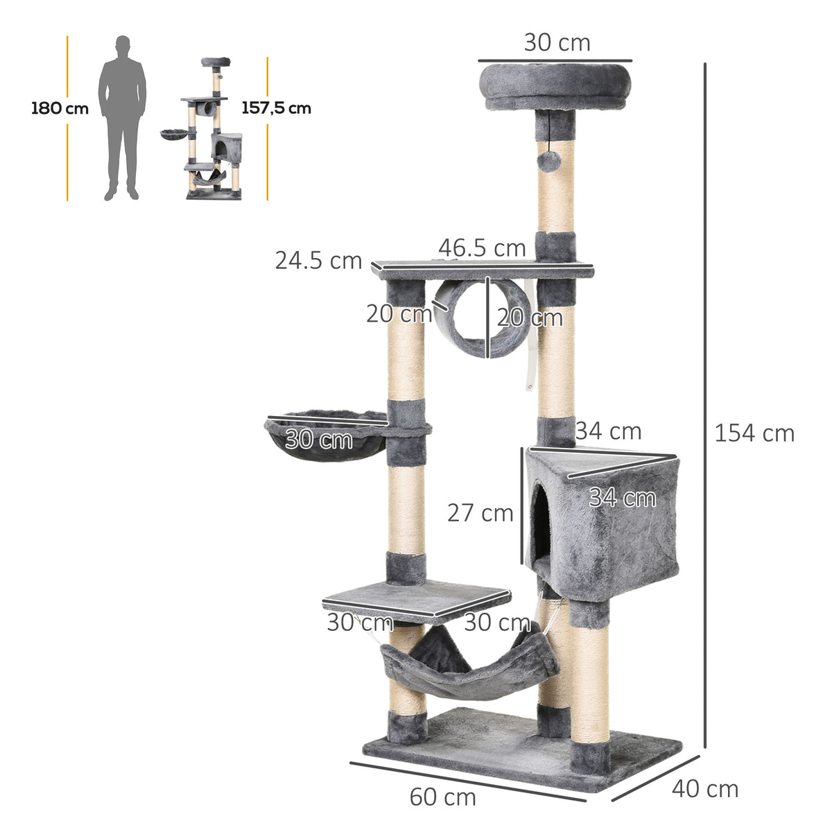 Gray multi-level cat tree with condo, hammock, tunnel, platforms and sisal scratching posts