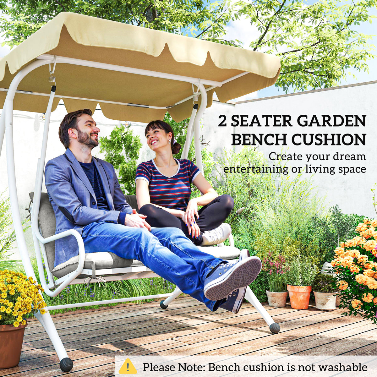 Two-seat garden bench cushion fitted on an outdoor swing.