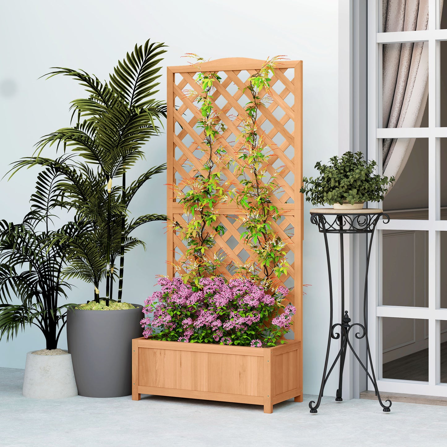 Outsunny Wooden Planter with Trellis, Freestanding Raised Bed for Garden with Lattice, Outdoor Planter Box for Climbing Plants, Vines, Flowers, 76 x 36 x 170 cm, Natural