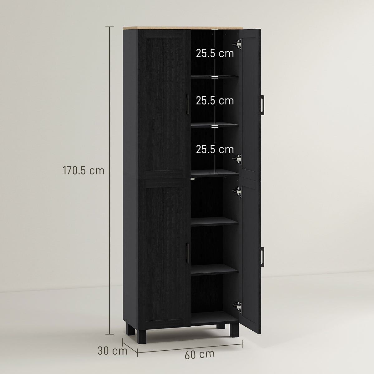 HOMCOM Freestanding Kitchen Cupboard, 4-Door Storage Cabinet with Adjustable Shelves, Modern Kitchen Pantry, 170cm, Black