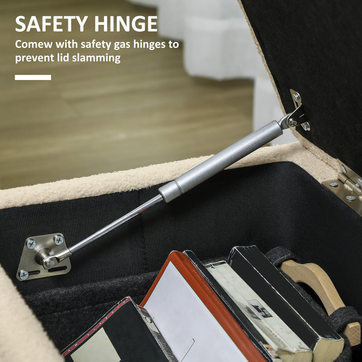 Storage ottoman safety gas hinge holding the lid open above the lined compartment