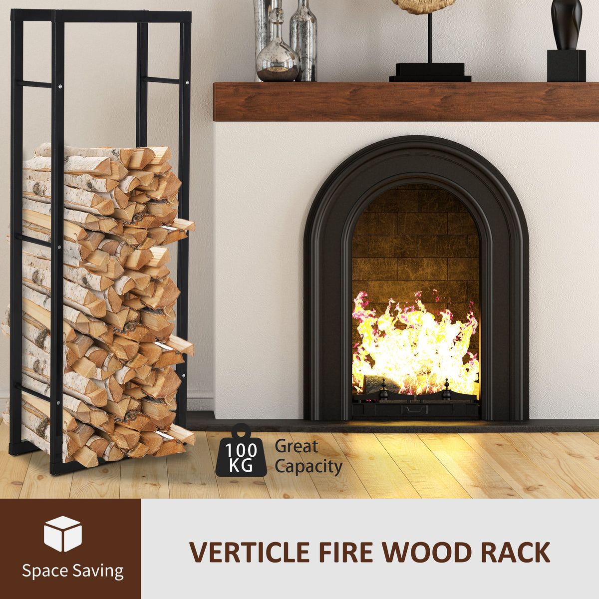 Tall black metal firewood rack filled with logs beside a fireplace