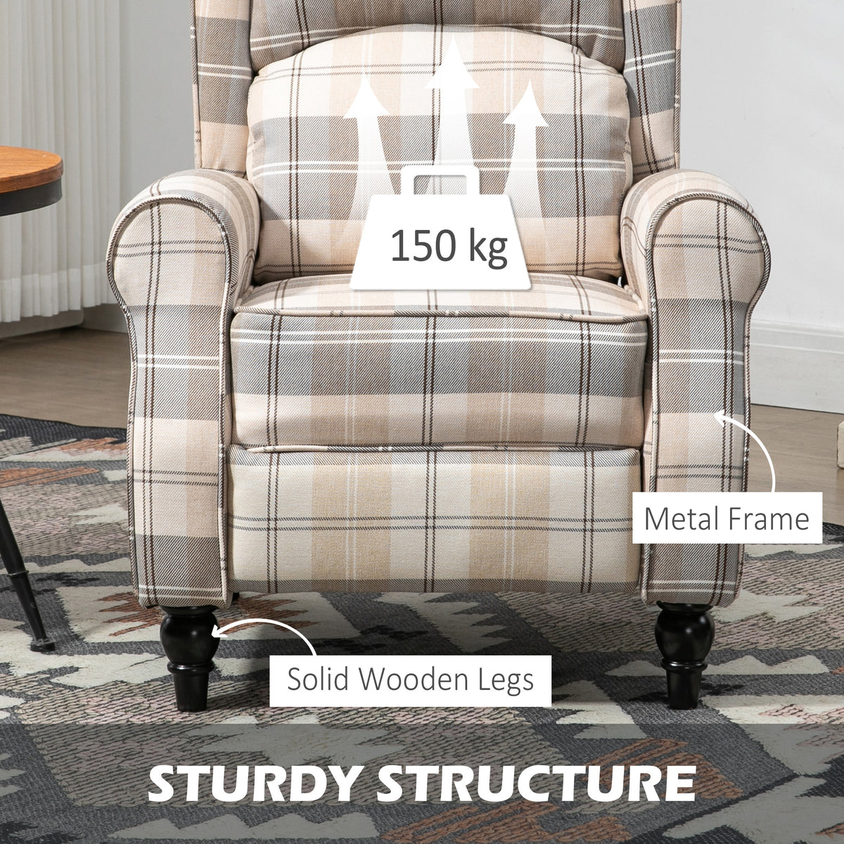 HOMCOM khaki plaid recliner with rounded arms, wooden legs and metal frame.