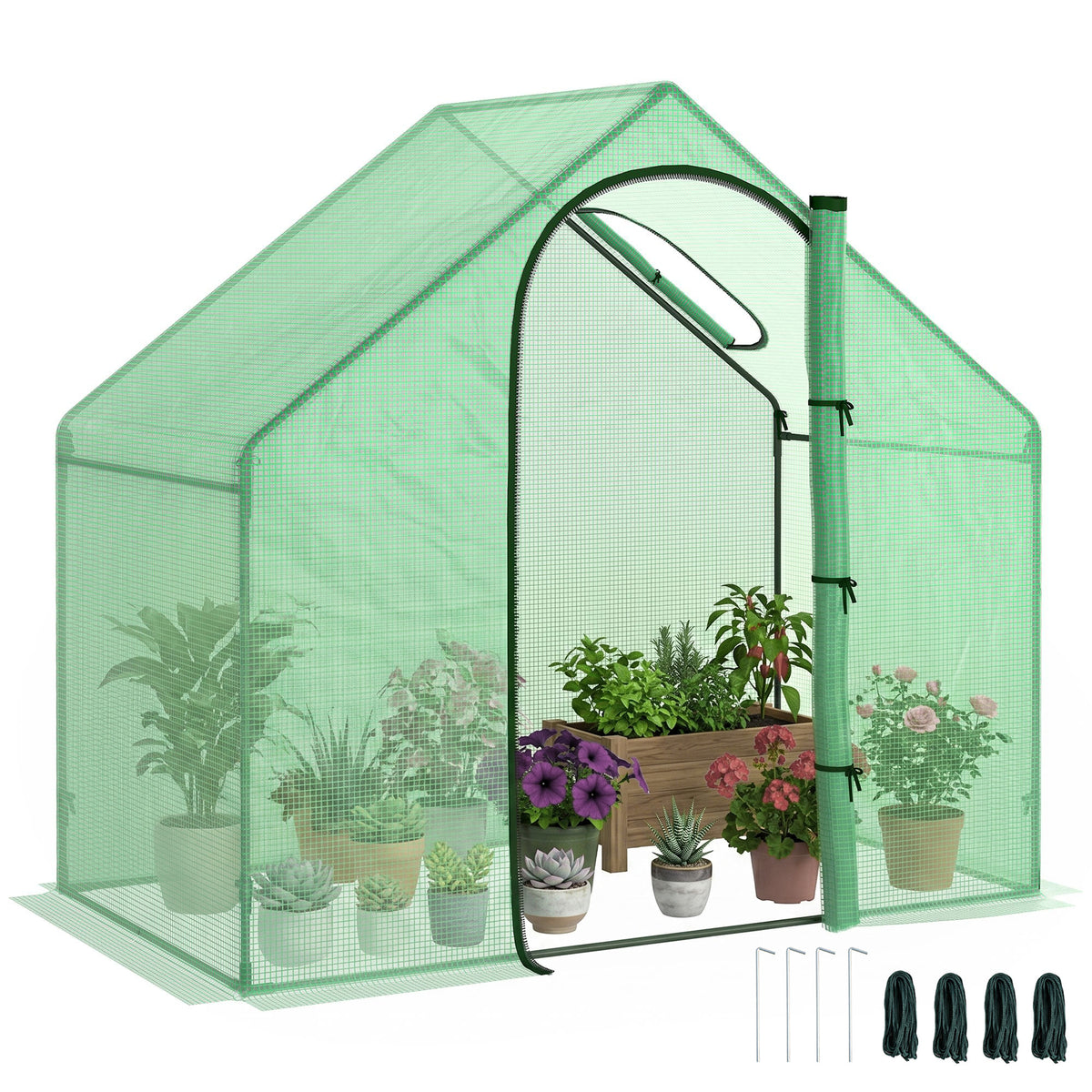 Green walk-in greenhouse with mesh PE cover, arched zip door, roof vent, steel frame and plants