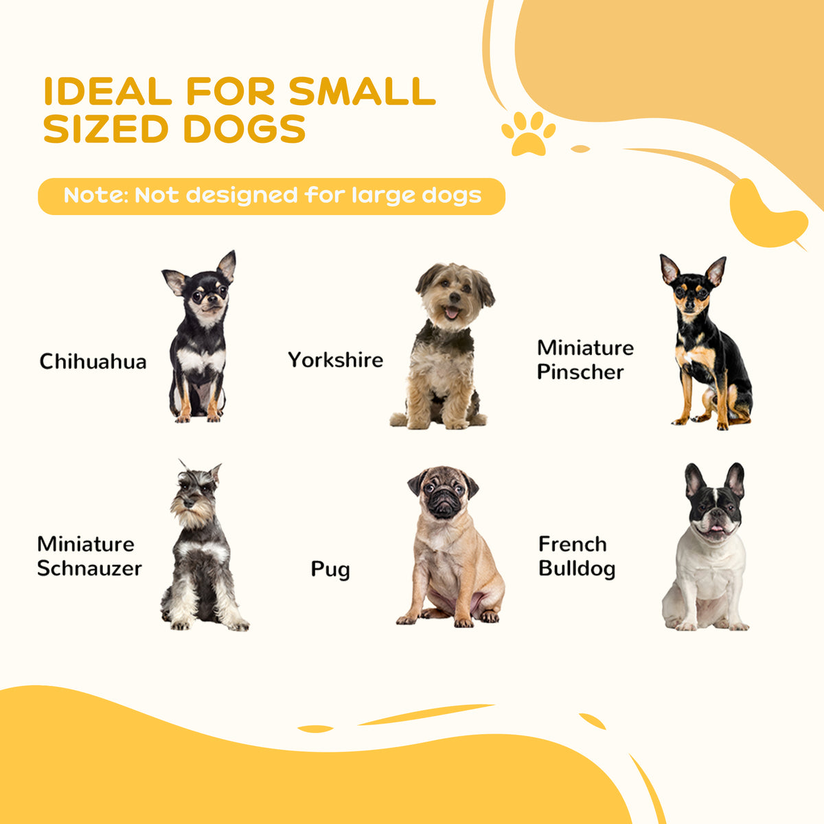 Small-dog size guide for the white wooden dog gate, with six breeds shown.