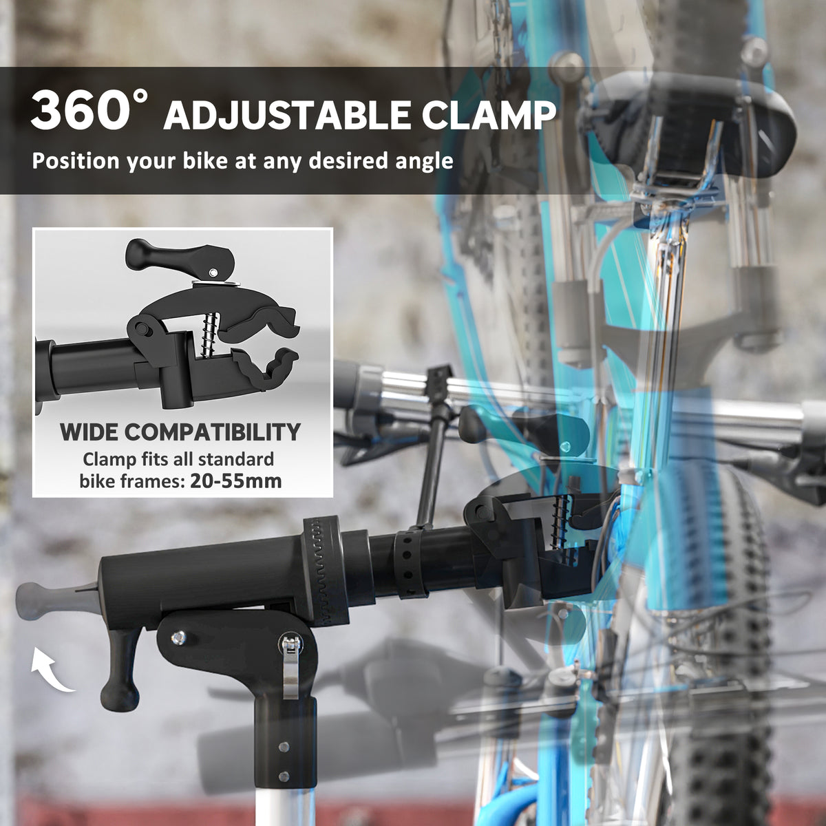 HOMCOM bike repair stand's 360-degree rotating clamp grips a bicycle frame