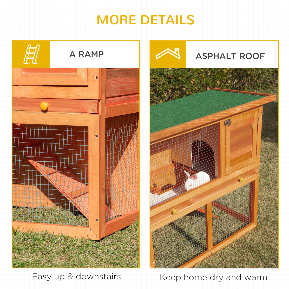 Two-tier wooden rabbit hutch with access ramp and green asphalt roof