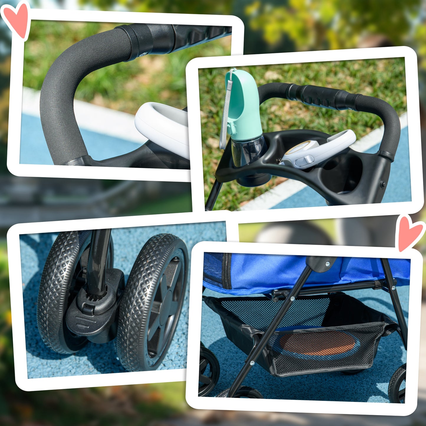Blue pet stroller details: padded handle, cup holder, paired wheels and under-seat storage basket.