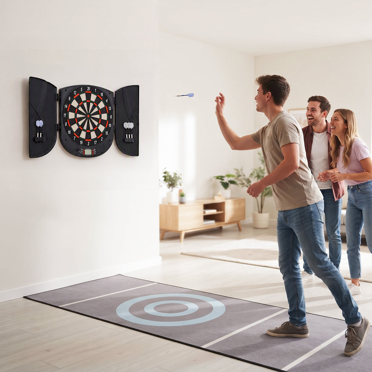 HOMCOM electronic dartboard mounted on a wall while people play