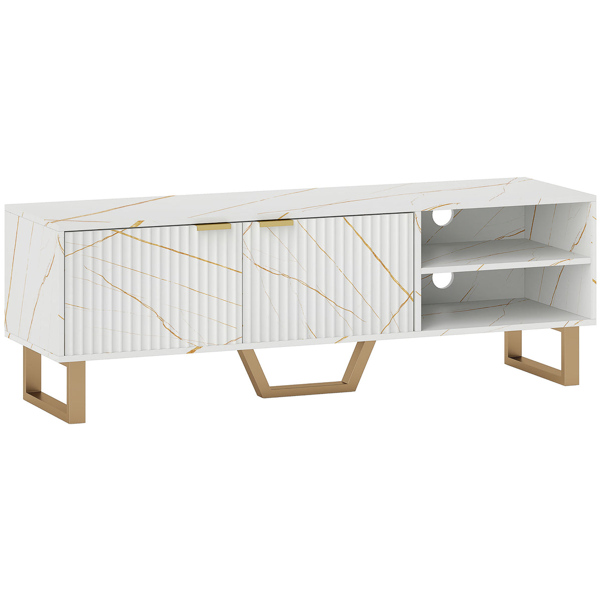 White marble-effect TV stand with gold veining, fluted cupboard doors, open shelves and gold legs