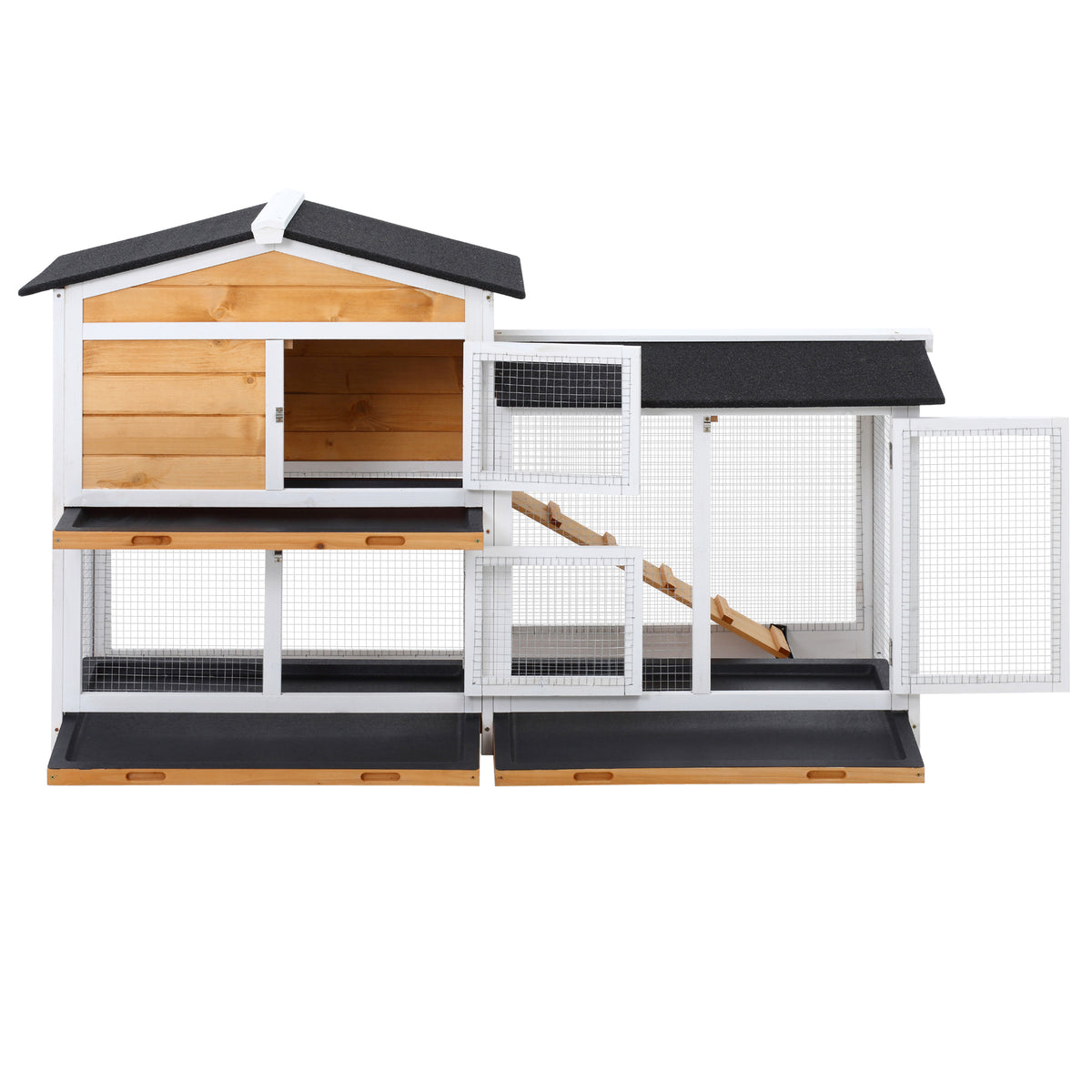 PawHut 2 Tier Rabbit Hutch with No-leak Plastic Trays Wooden Guinea Pig Hutch with Run, Yellow
