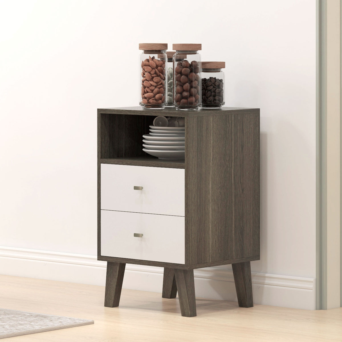 HOMCOM bedside table with dark wood finish, open shelf, two white drawers and tapered legs