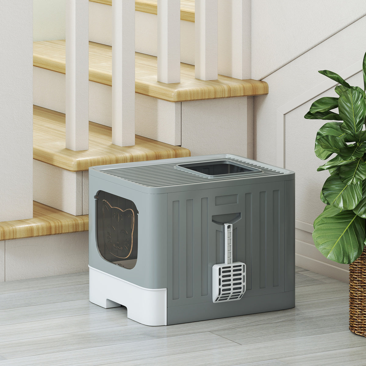 PawHut Cat Litter Box with Lid, Slide-Out Drawer, Scoop, Easy Clean, Odour Control, Anti-Splashing, Grey