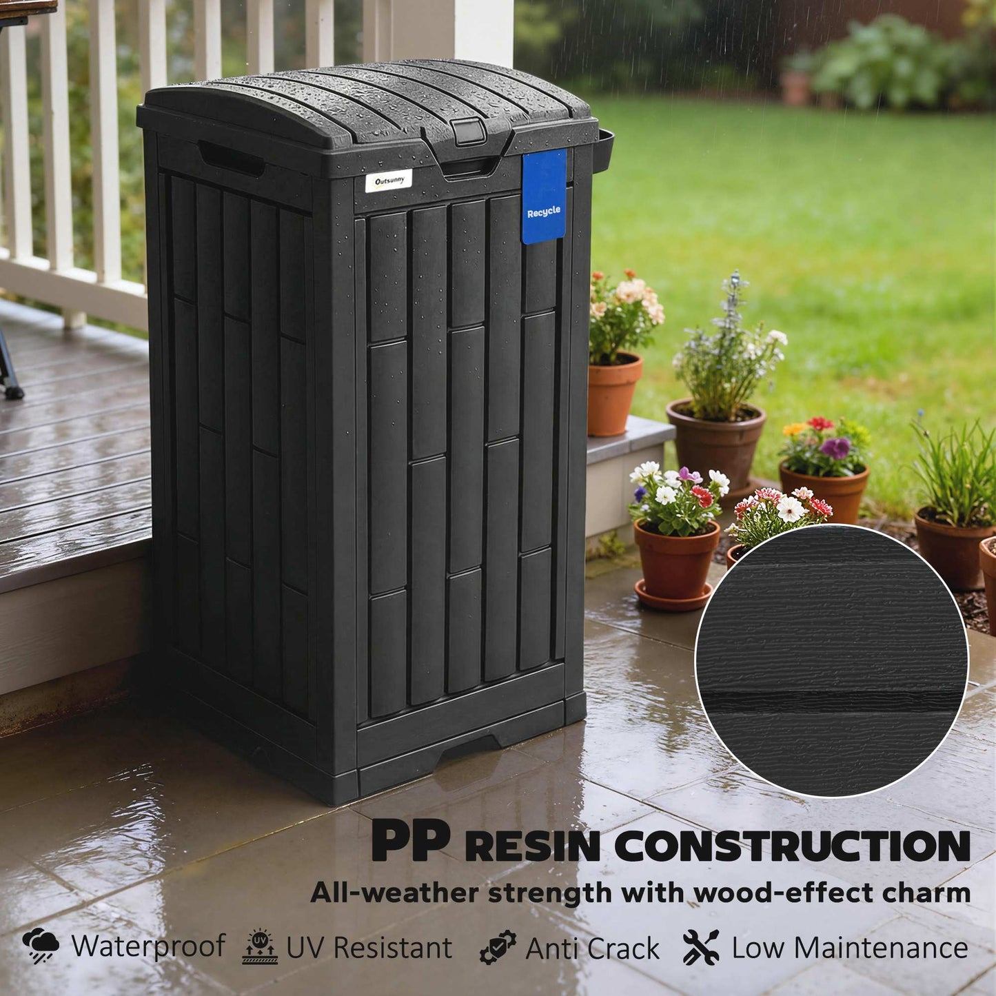 Outsunny 110 L Outdoor Bin with Dual Lid, Waterproof Plastic Trash Bin with Ashtray and Drip Tray, Garden Waste Trash Bin, Black