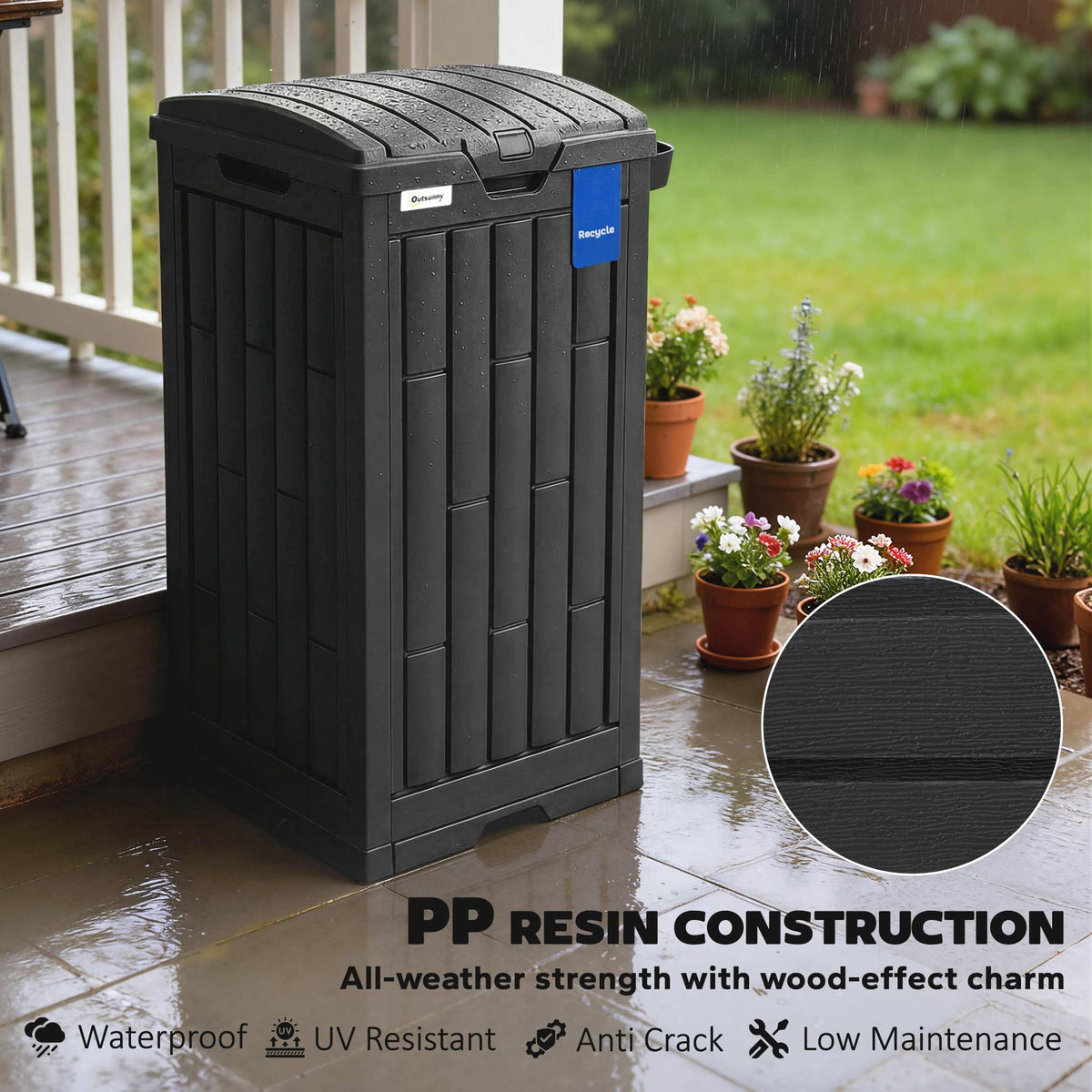 Outsunny 110 L Outdoor Bin with Dual Lid, Waterproof Plastic Trash Bin with Ashtray and Drip Tray, Garden Waste Trash Bin, Black