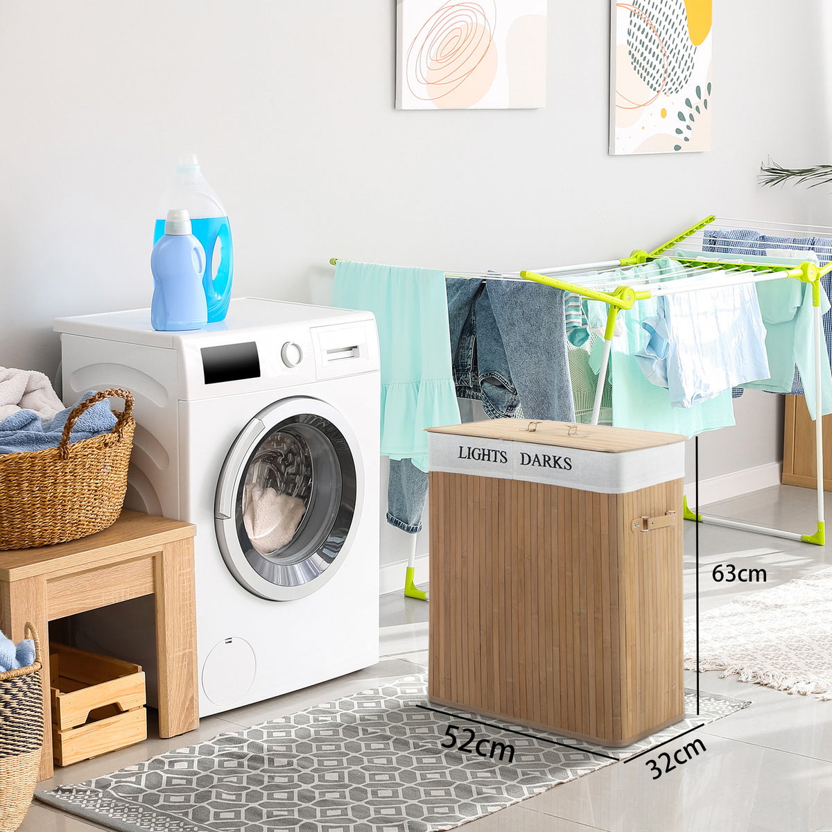 Natural wood laundry hamper with lid and Lights/Darks liner, shown beside a washing machine