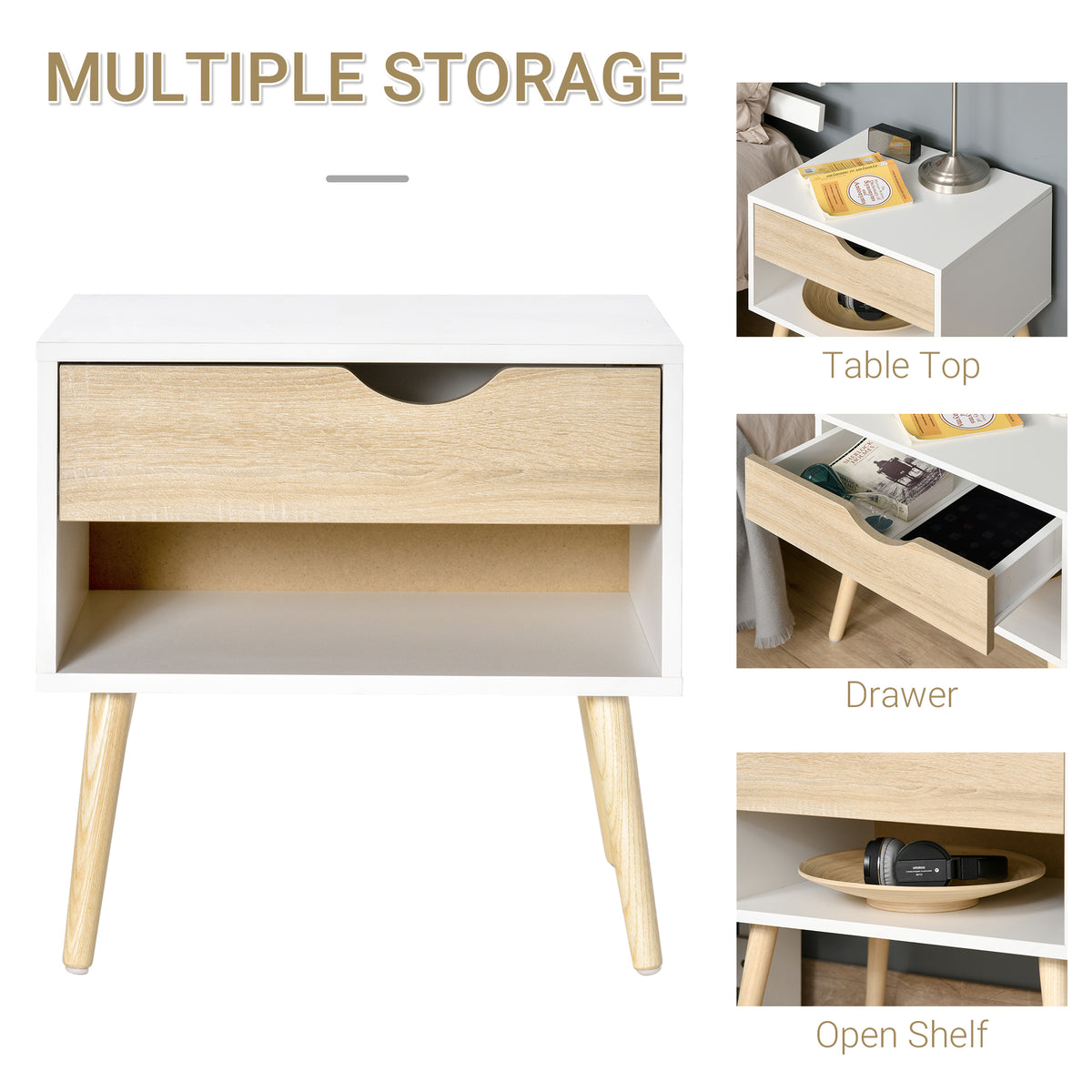 HOMCOM bedside table with drawer and open shelf, shown from the front