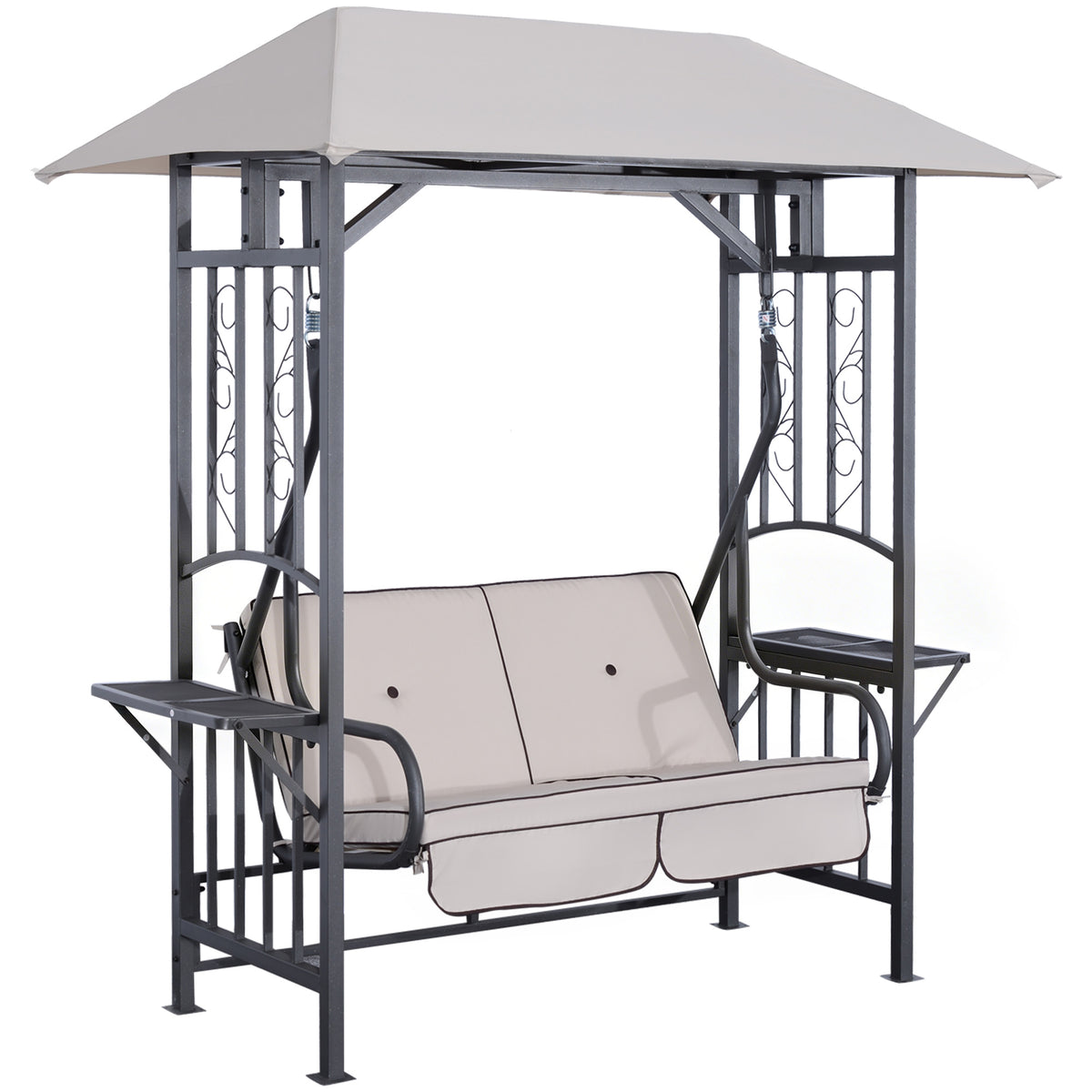Two-seat garden swing chair with beige cushions, steel frame, canopy, and side tables