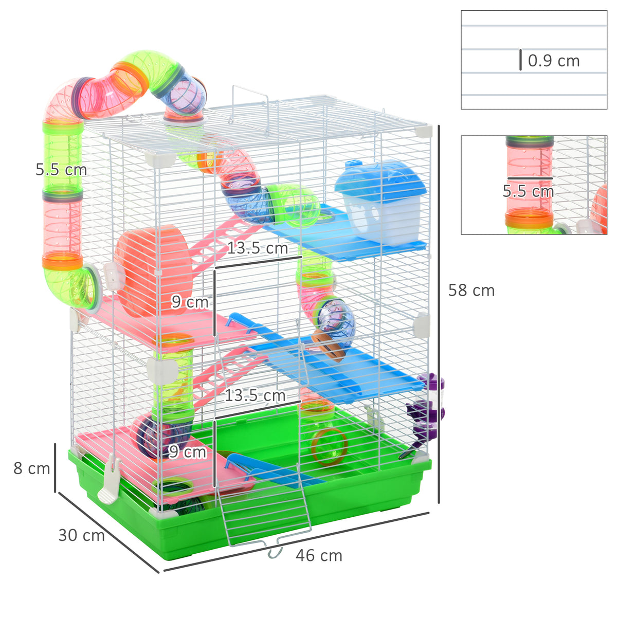 PawHut five-tier hamster cage with green base, colorful tunnels, ramps, and exercise accessories; dimensions shown.