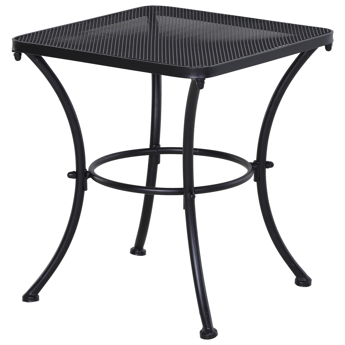 Outsunny black square metal bistro table with mesh top, curved legs, and circular support ring