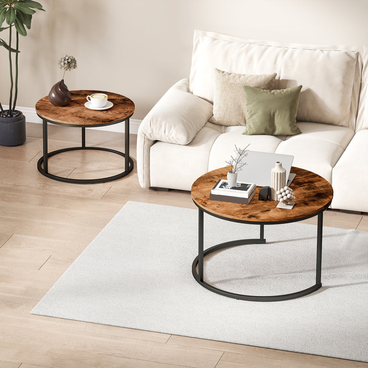 HOMCOM Coffee Table Set of 2, Round Nest of Tables with Metal Frame, Modern Side Tables for Living Room, Rustic Brown
