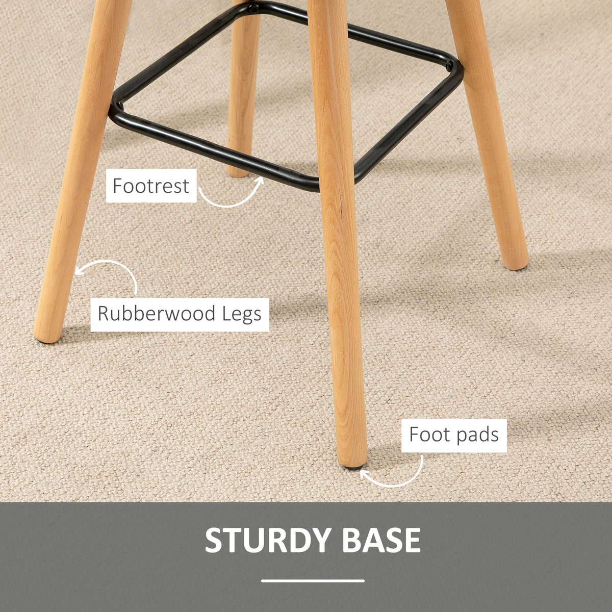 Bar stool base with wood legs, black footrest, and protective foot pads