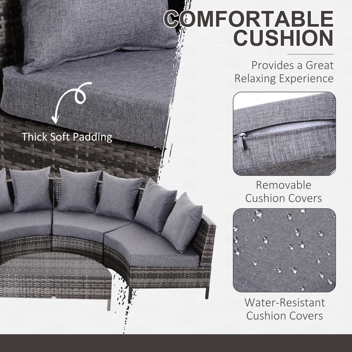 Grey half-round rattan garden sofa with thick cushions and removable covers