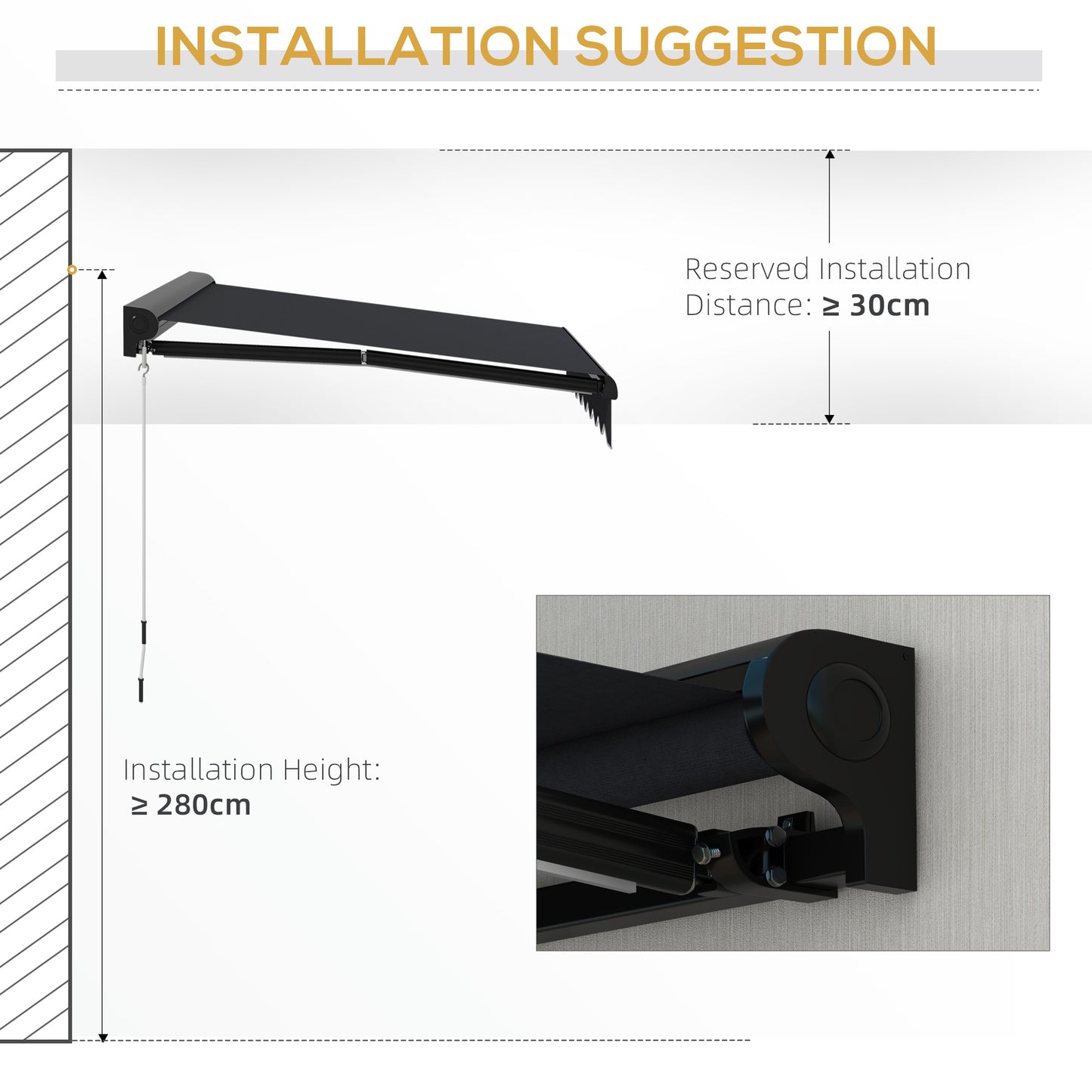 Grey retractable awning shown mounted with installation clearance and height guidance