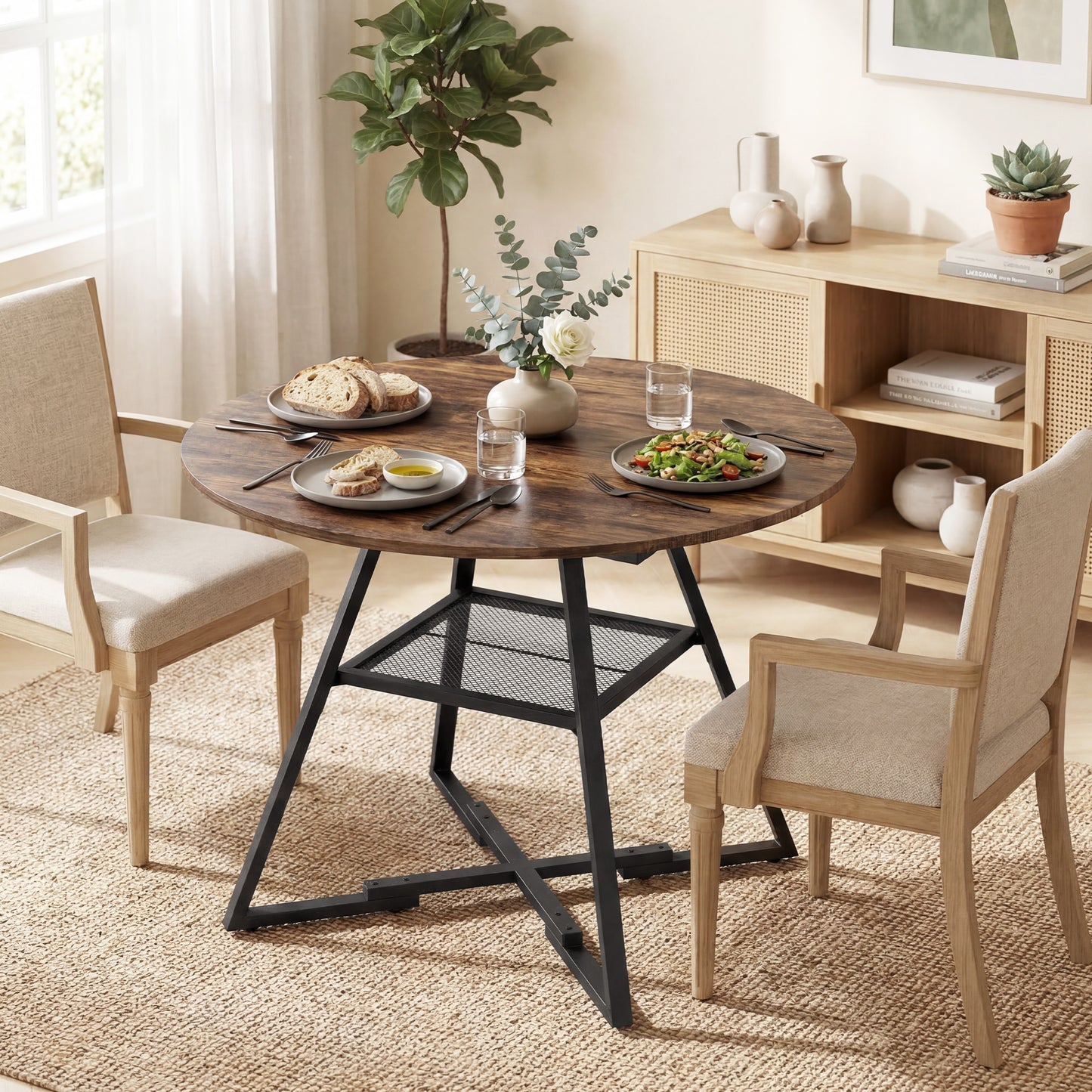 HOMCOM Dining Table for 4 People, 100 cm Round Industrial Kitchen Table with Storage Shelf, Rustic Brown