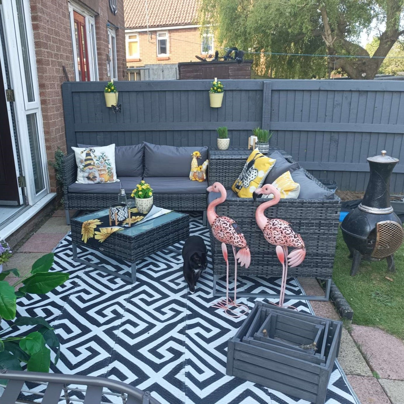 Outsunny 4pc Garden Rattan Wicker Outdoor Furniture Patio Corner Sofa Love Seat and Table Set with Cushions Side Desk Storage, Mixed Grey