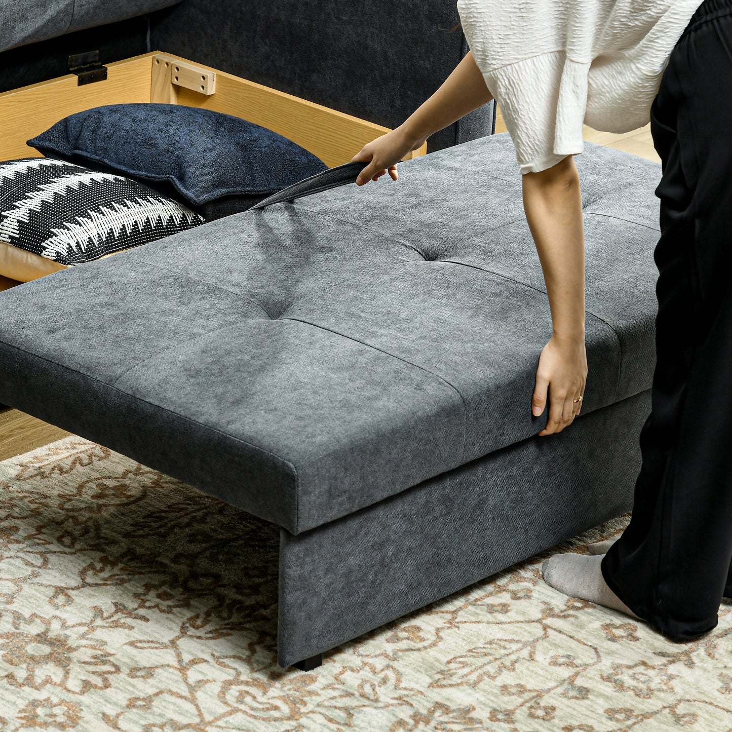 HOMCOM 2 Seater Sofa Bed with Hidden Storage, Pull Out Convertible Bed Settee, Modern Snow Flannel Loveseat Sofa Sleeper with 2 Cushions for Living Room, Guest Room, Dark Grey