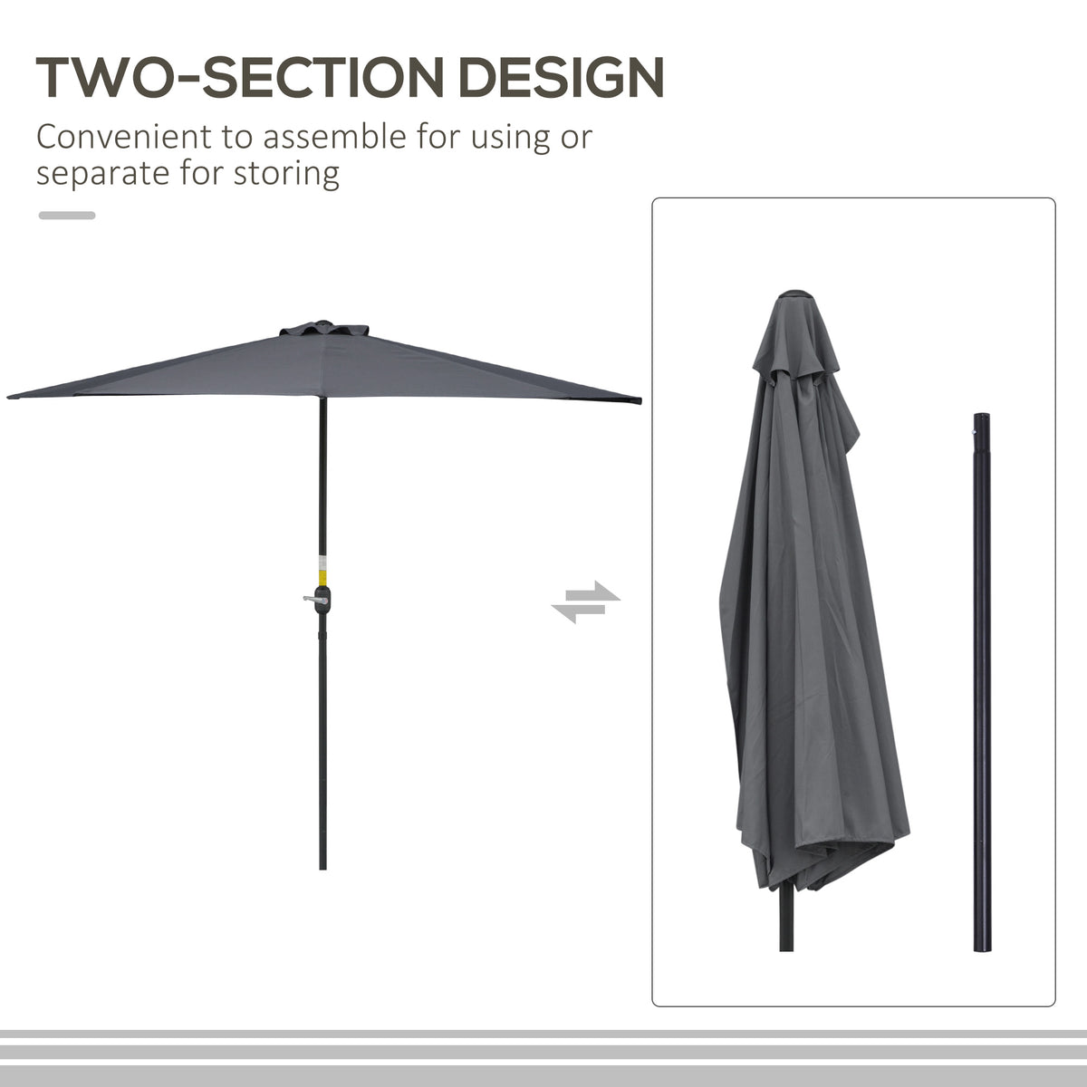 Gray half umbrella shown assembled and separated into two sections for storage