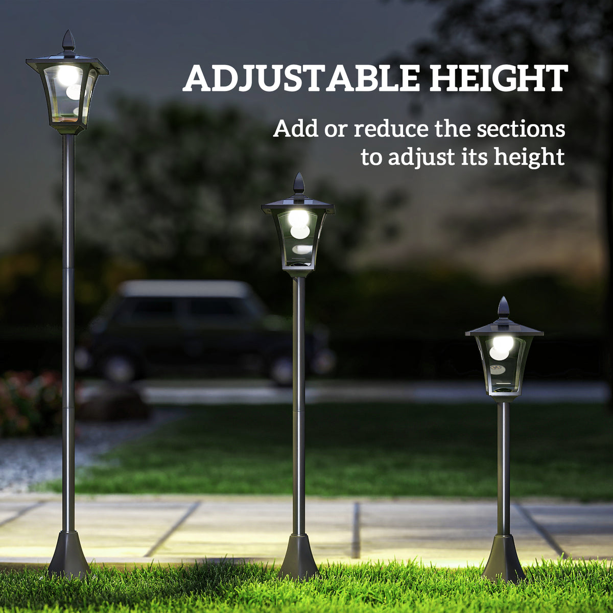 Black solar garden lamp post shown at three adjustable heights