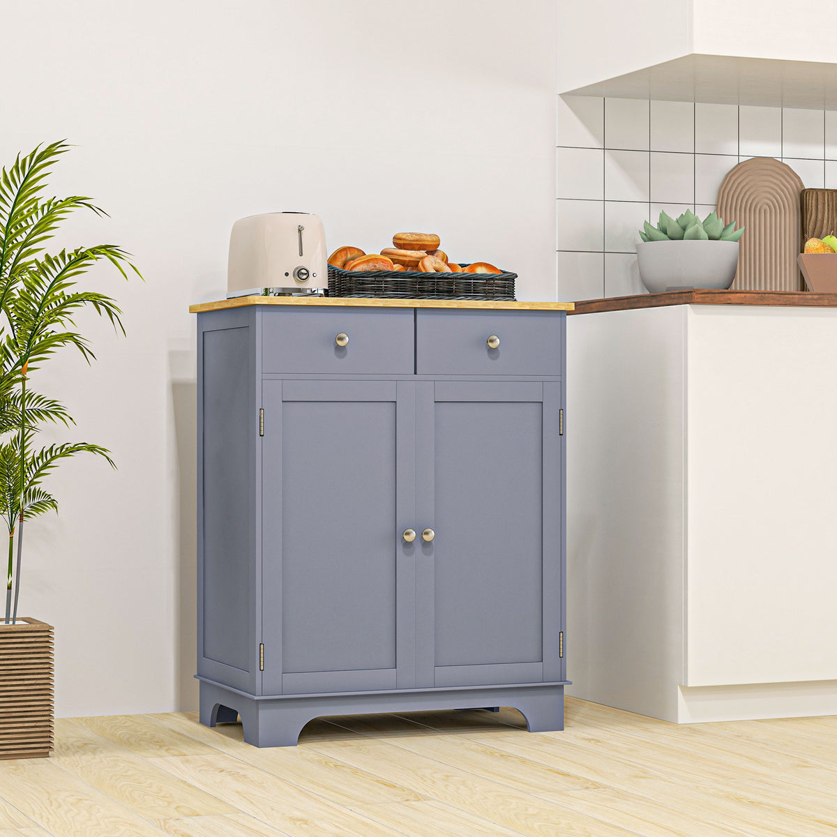 HOMCOM Side Storage Multi-use Sideboard Table Kitchen Floor Cabinet with Solid Wood Top, Adjustable Shelf, Drawer, Grey