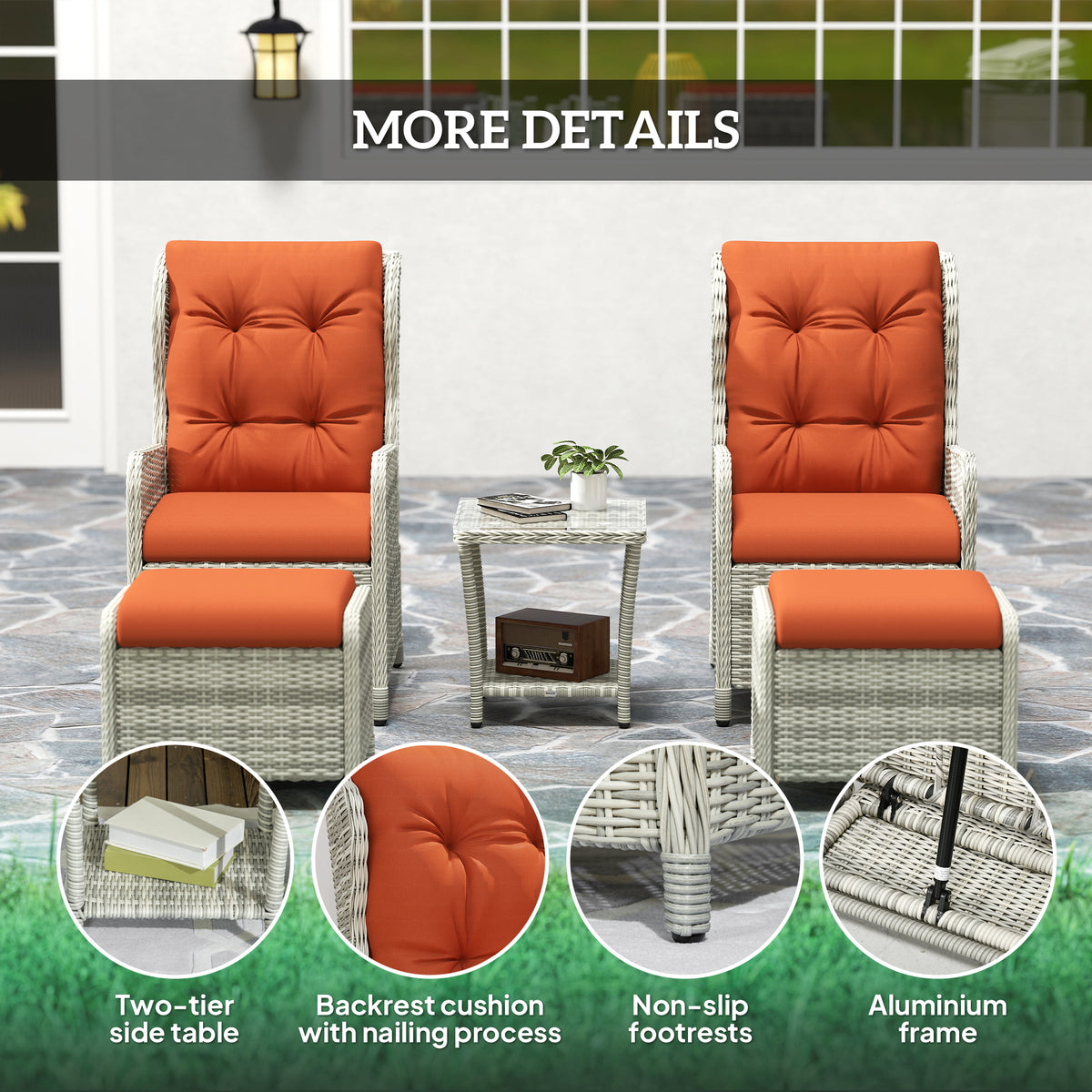 Wicker bistro set with two chairs, orange cushions, footrests and a two-tier side table