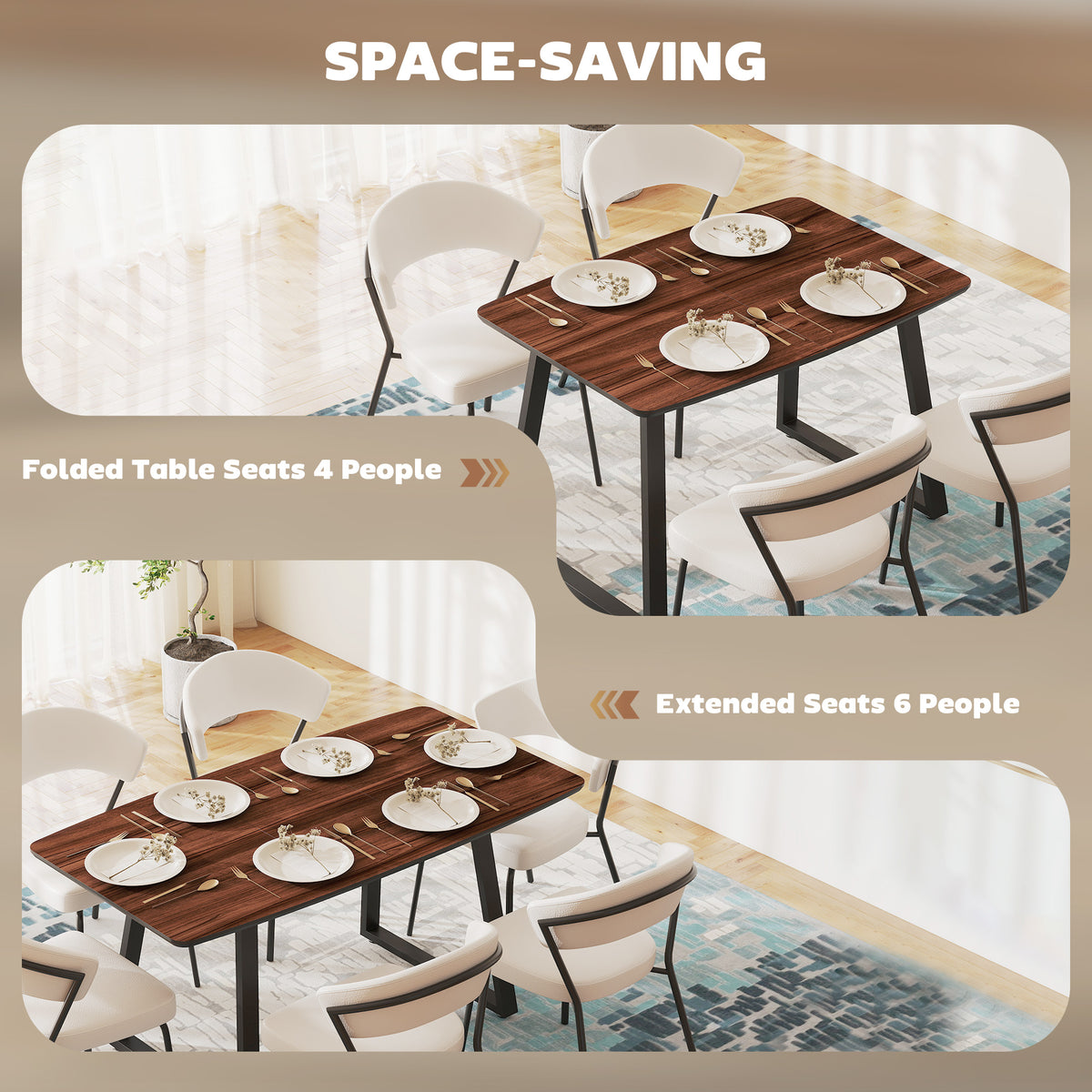 Extendable dining table shown seating four folded and six extended