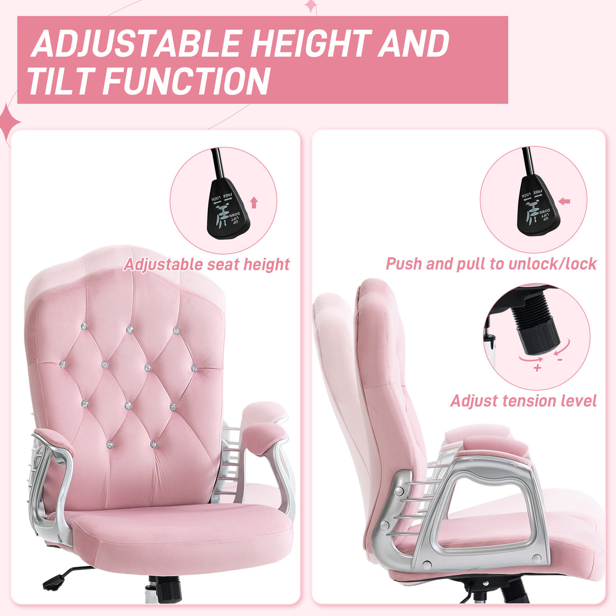 Pink work chair with adjustable seat height, tilt, and tension controls