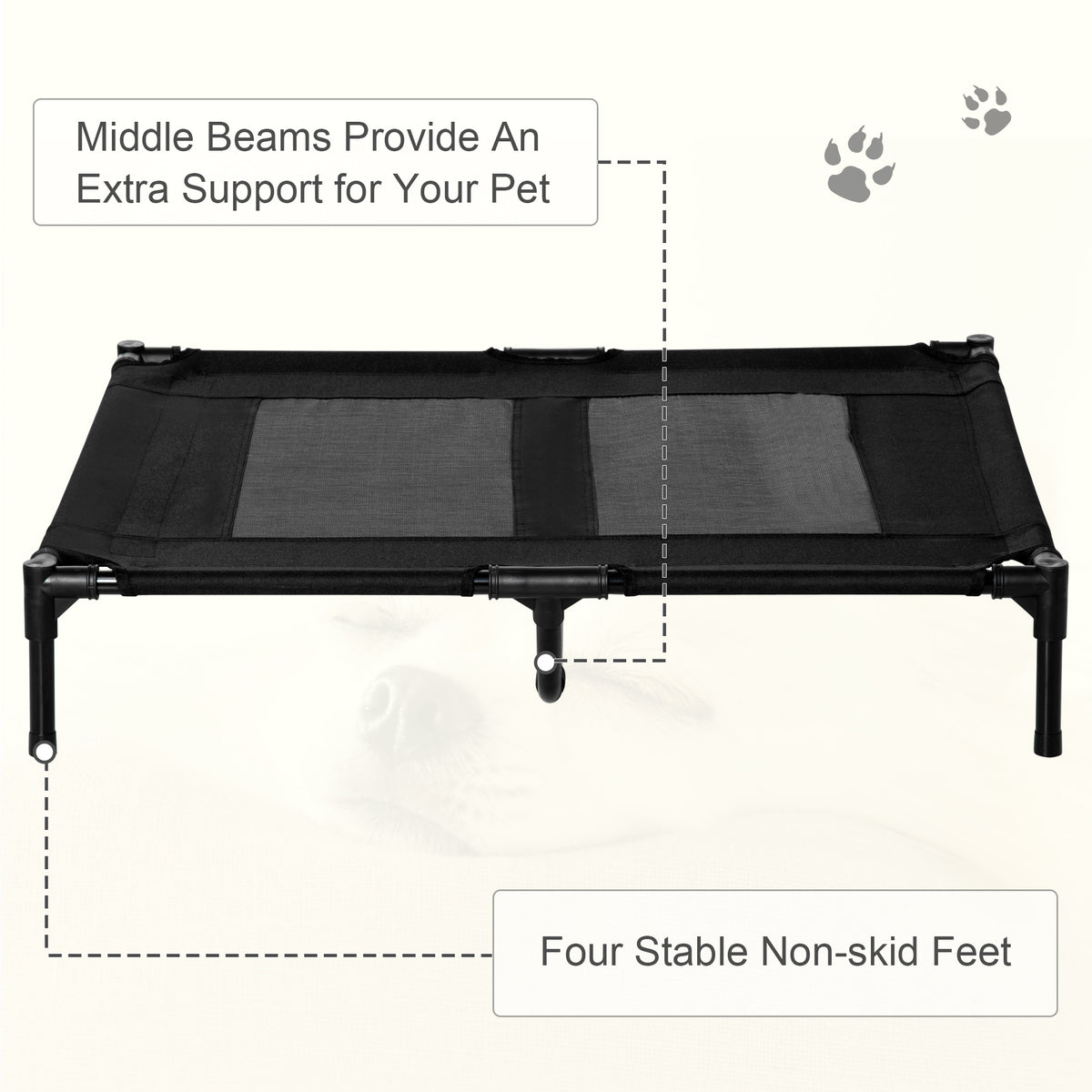 PawHut raised dog bed with center support beam and four non-slip feet