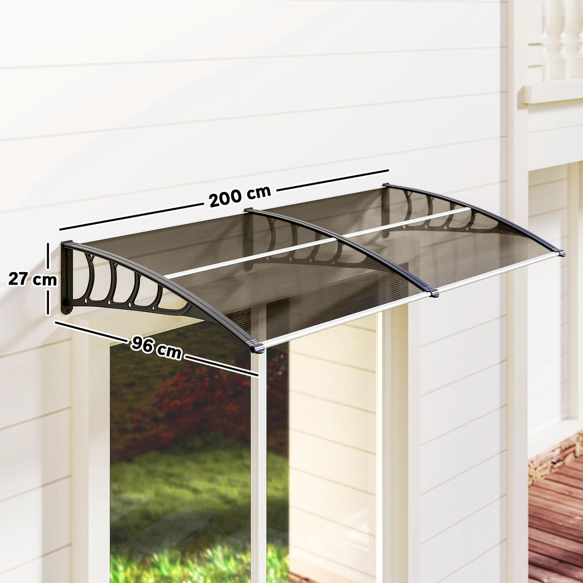 Outsunny brown door canopy mounted above an entrance, with 200 cm width and 96 cm projection