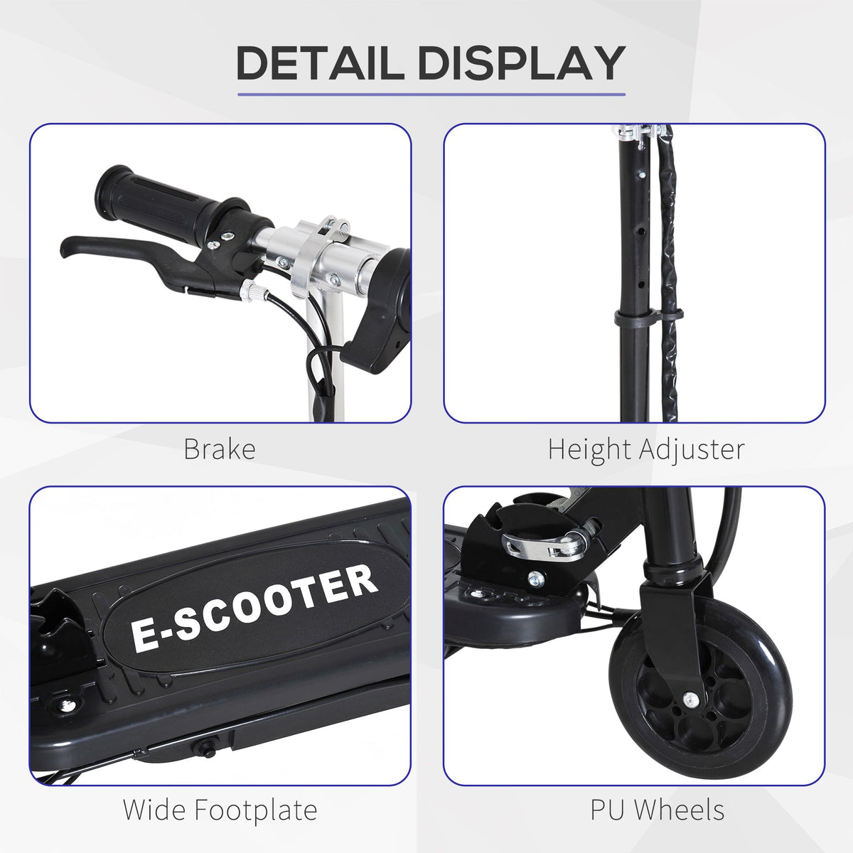 Electric scooter detail collage showing brake, height adjuster, footplate, and wheels