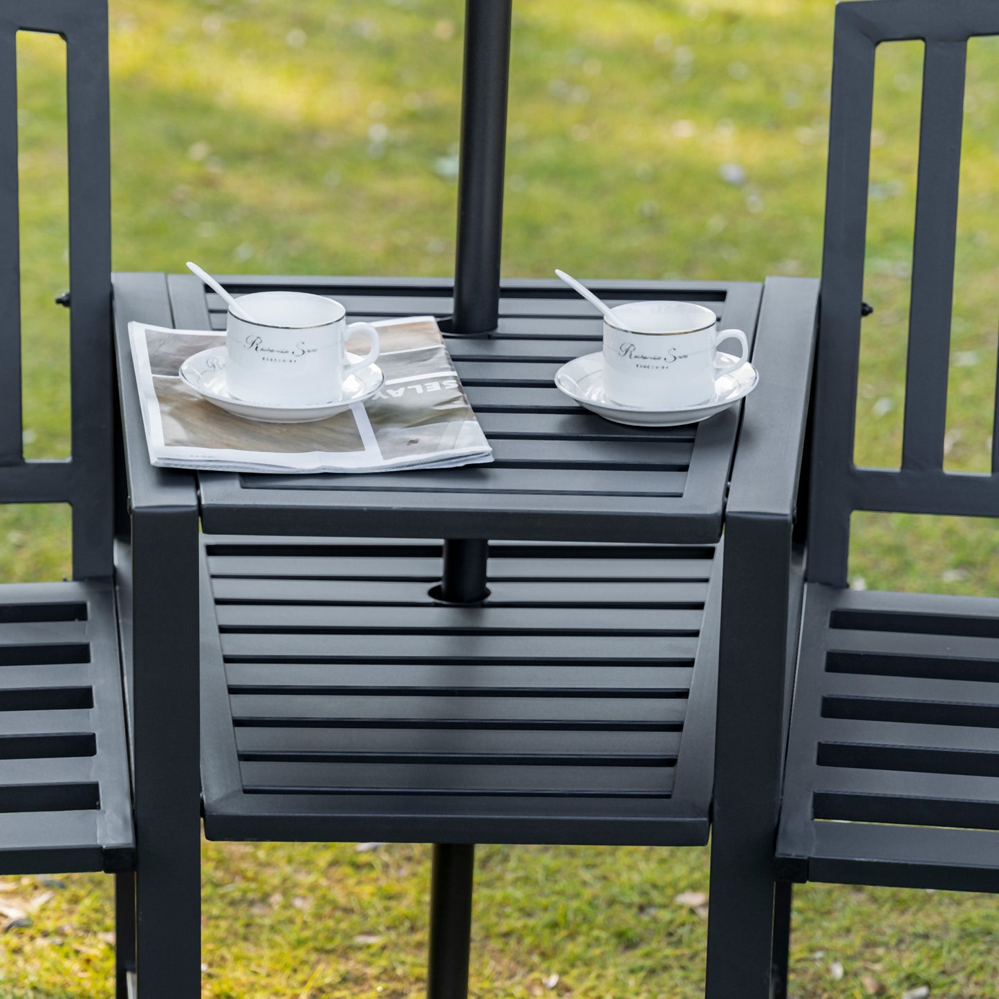 Center table between garden bench seats, with slatted top and lower shelf