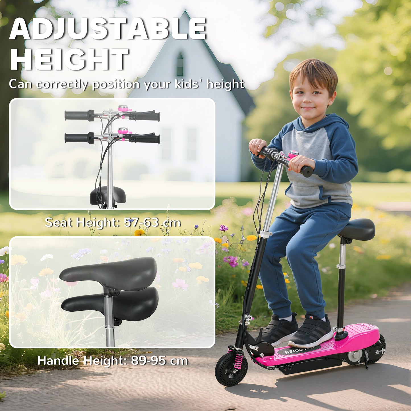 HOMCOM Steel Ride on Powered Scooter, Folding E-Scooter with Warning Bell, 15km/h Maximum Speed, for 6-14 Years Old, Pink