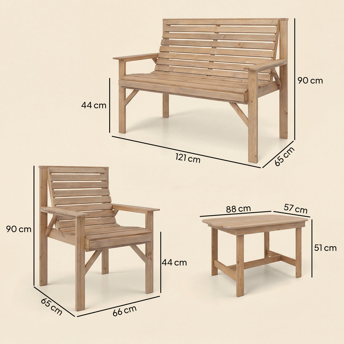 Outsunny 4 Piece Wooden Garden Furniture Set, Outdoor Garden Sofa Set with 2 Armchairs, Loveseat and Coffee Table, Natural Wood