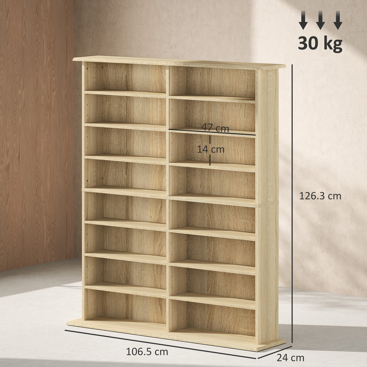 HOMCOM 16-Compartment Media Shelf - Nature Wood Finish