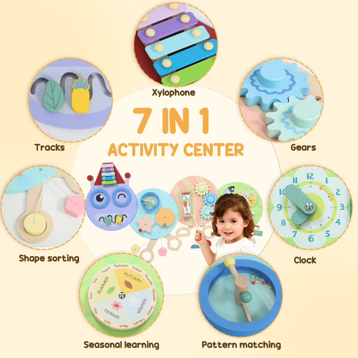 AIYAPLAY Caterpillar Busy Board with 7 Activities, for Nursery, Playroom, Home, for 3+ Years