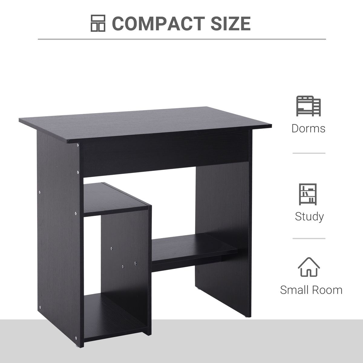 Black compact computer desk with side shelves, shown for dorms and small rooms